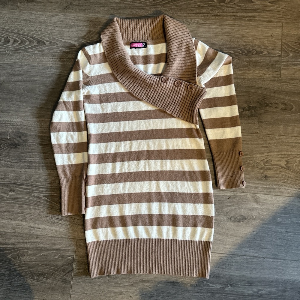 Say What? Brown and Cream Striped Cowl Neck Sweater